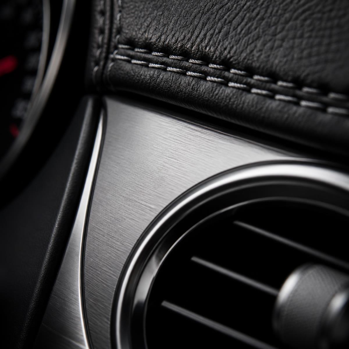 Close-up of brushed metal and leather dashboard detail