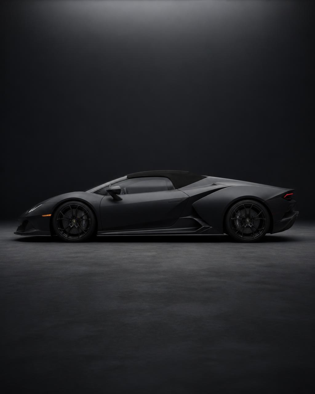Modern hypercar in matte charcoal with soft top lighting